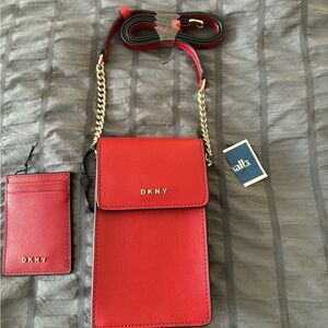 DKNY Scarlet Red Cardholder/phone holder/small purse with gold chain accent NWT